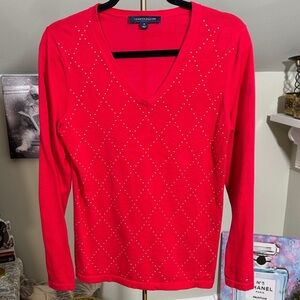 EUC Tommy Hilfiger Red V-Neck  Sweater w/Gold Studded Diamond Design Size M